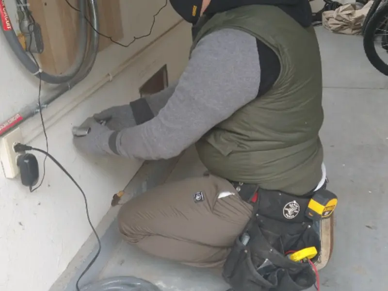 Electrician performing outlet wiring in a Moultrie garage